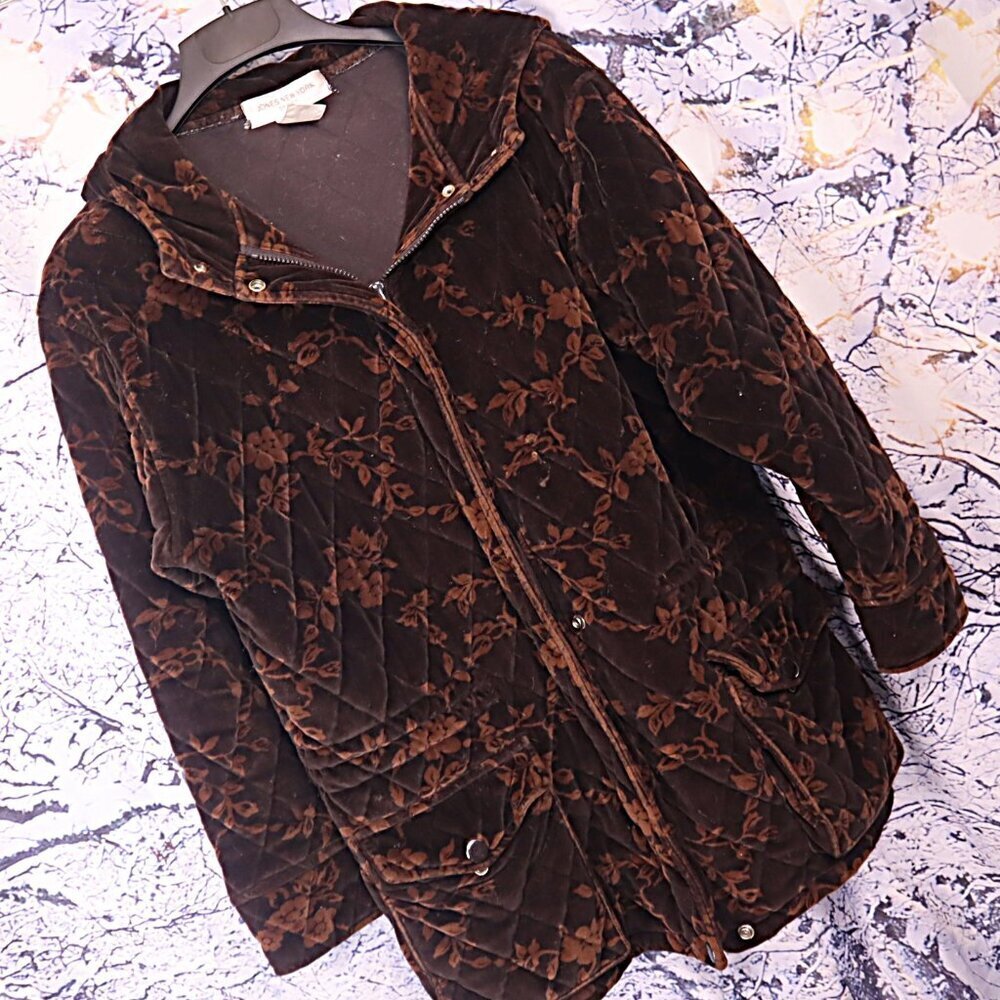 QUILTED VELVET COAT M Jones NY Vintage Velvet *FLAWED* Hooded Fall Winter Brown